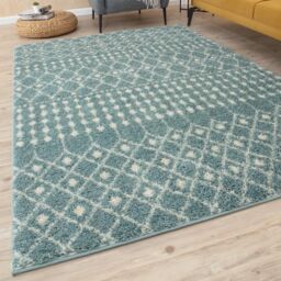 THE RUGS Soft Moroccan Diamond Shaggy Rugs & Runner Duck Egg Blue Living Room - Size: 140 cm x 200 cm
