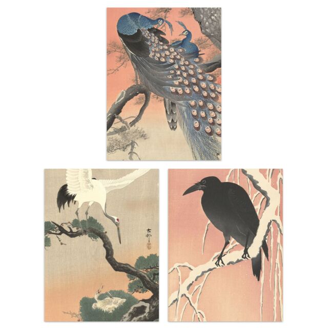 Artery8 Wall Art Print Pack of 3 A4 Ohara Koson Japan Kachō-e Bird & Flower Crow Crane Peacock Japanese Paintings Living Room s Set - image 1