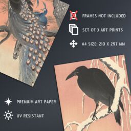 Artery8 Wall Art Print Pack of 3 A4 Ohara Koson Japan Kachō-e Bird & Flower Crow Crane Peacock Japanese Paintings Living Room s Set - thumbnail 4