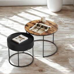 Pirlo Plush 2PC Industrial Round Nesting Tables Living Room Furniture in Brown - thumbnail 3