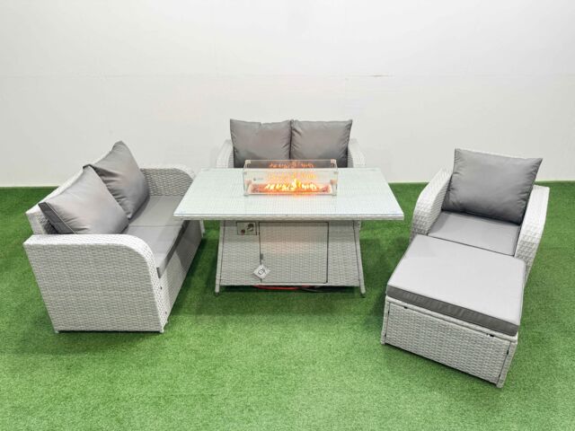 Fimous High Back Poly Rattan Garden Furniture Set w/ Reclining Chair Loveseat Sofa Firepit Dining Table Indoor Outdoor Patio Set Big Stool Light Grey - image 1