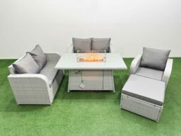 Fimous High Back Poly Rattan Garden Furniture Set w/ Reclining Chair Loveseat Sofa Firepit Dining Table Indoor Outdoor Patio Set Big Stool Light Grey - thumbnail 1