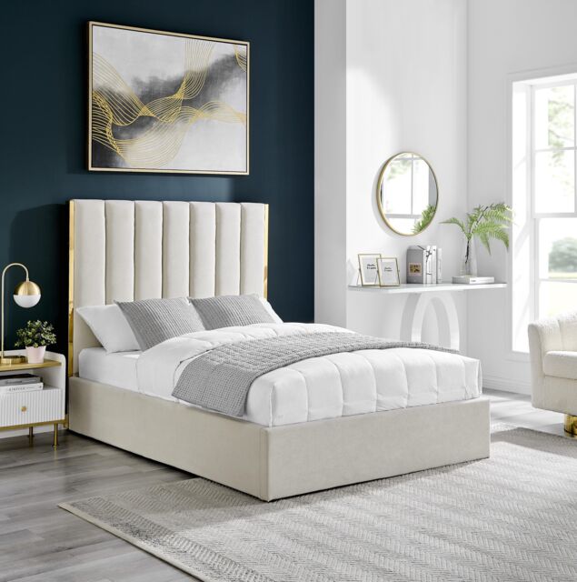 Modish Furnishing Beige Fabric Bed With Gold Metal Trim & Ottoman Storage - Size: Double - image 1