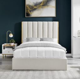 Modish Furnishing Beige Fabric Bed With Gold Metal Trim & Ottoman Storage - Size: Double - thumbnail 3
