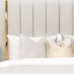 Modish Furnishing Beige Fabric Bed With Gold Metal Trim & Ottoman Storage - Size: Double - thumbnail 5