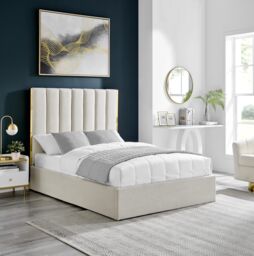 Modish Furnishing Beige Fabric Bed With Gold Metal Trim & Ottoman Storage - Size: Double - thumbnail 1