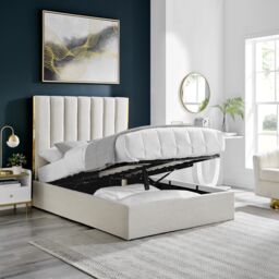 Modish Furnishing Beige Fabric Bed With Gold Metal Trim & Ottoman Storage - Size: Double - thumbnail 2