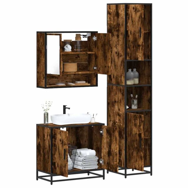 Berkfield Home 3 Piece Bathroom Furniture Set Smoked Oak Engineered Wood in Brown - image 1