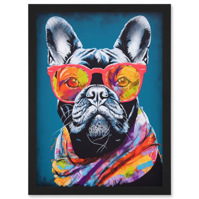 Artery8 English Bulldog with Neon Bandana & Sunglasses Artwork Framed Wall Art Print A4 in Black - image 1
