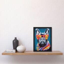 Artery8 English Bulldog with Neon Bandana & Sunglasses Artwork Framed Wall Art Print A4 in Black - thumbnail 2