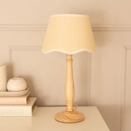 ValueLights Victoria Light Wood Candlestick Table Lamp with Linen Scallop Trim Tapered Shade in White - thumbnail 5