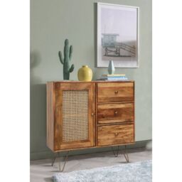 Jaipur Furniture Ltd Nyack Small 3 Drawer Sideboard - Mango Wood/Iron - L40 x W90 x H87 cm - Light Brown with Natural Rattan - Assembly Required - thumbnail 4