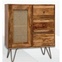 Jaipur Furniture Ltd Nyack Small 3 Drawer Sideboard - Mango Wood/Iron - L40 x W90 x H87 cm - Light Brown with Natural Rattan - Assembly Required - thumbnail 3