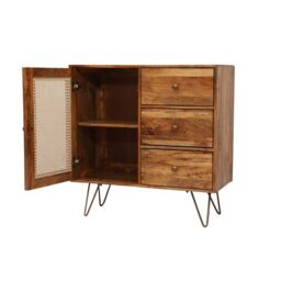 Jaipur Furniture Ltd Nyack Small 3 Drawer Sideboard - Mango Wood/Iron - L40 x W90 x H87 cm - Light Brown with Natural Rattan - Assembly Required - thumbnail 2