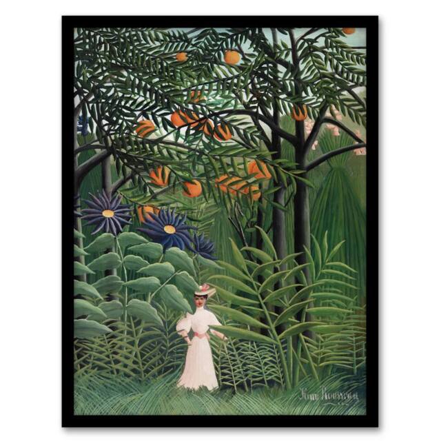 "Artery8 Woman Walking in an Exotic Forest Rousseau Framed Wall Art Print in Green - Size: W12"" x H16""" - image 1