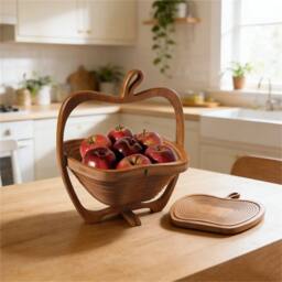SPETLEK Collapsible Apple Shaped Wooden Fruit Basket Foldable Bamboo Bowl in Brown - thumbnail 1