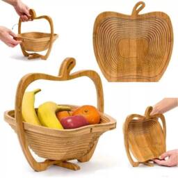 SPETLEK Collapsible Apple Shaped Wooden Fruit Basket Foldable Bamboo Bowl in Brown - thumbnail 6