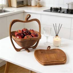 SPETLEK Collapsible Apple Shaped Wooden Fruit Basket Foldable Bamboo Bowl in Brown - thumbnail 5