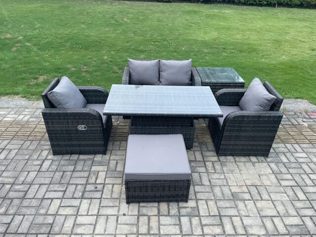 Fimous PE Rattan Outdoor Garden Furniture Set Height Adjustable Rising lifting Dining Table Love Sofa With Side Table in Dark Grey - image 1