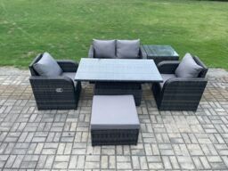 Fimous PE Rattan Outdoor Garden Furniture Set Height Adjustable Rising lifting Dining Table Love Sofa With Side Table in Dark Grey - thumbnail 2