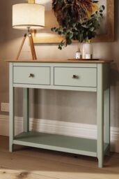 FWStyle 2 Drawer Console Table Sage Green Large Oak Top Painted Finish - thumbnail 1