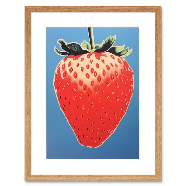 Artery8 Wall Art Print A Single Strawberry Block Colour Artwork Red on Blue Bold Bright Minimalist Kitchen Decor Artwork Framed 9X7 Inch - image 1