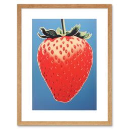 Artery8 Wall Art Print A Single Strawberry Block Colour Artwork Red on Blue Bold Bright Minimalist Kitchen Decor Artwork Framed 9X7 Inch - thumbnail 1