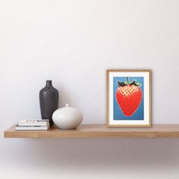 Artery8 Wall Art Print A Single Strawberry Block Colour Artwork Red on Blue Bold Bright Minimalist Kitchen Decor Artwork Framed 9X7 Inch - thumbnail 2