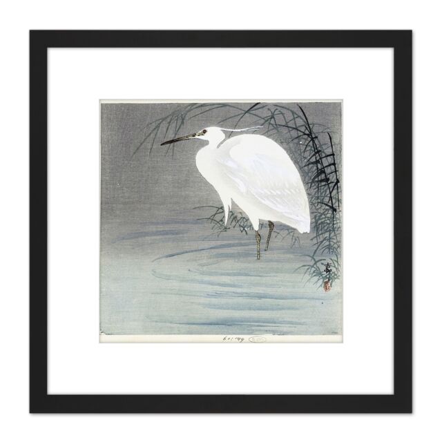 Artery8 Koson Ohara Little Egret Bird Japan Woodcut 8X8 Inch Square Wooden Framed Wall Art Print Picture with Mount in Black - image 1