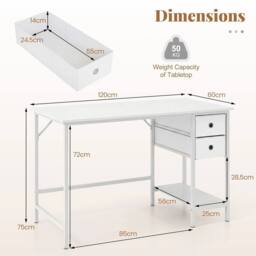VOGREX Modern Desk with 2 Foldable Fabric Drawers in White - thumbnail 2