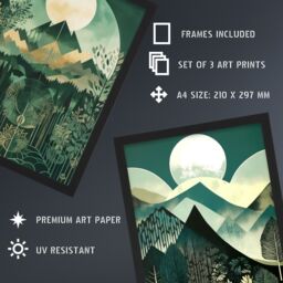 Artery8 A4 Wall Art & Frame Set of 3 Forest Mountain Full Moon Sunrises in Green - thumbnail 3