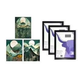 Artery8 A4 Wall Art & Frame Set of 3 Forest Mountain Full Moon Sunrises in Green - thumbnail 5