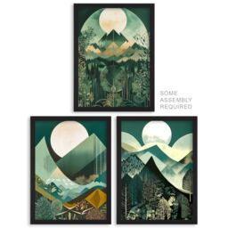 Artery8 A4 Wall Art & Frame Set of 3 Forest Mountain Full Moon Sunrises in Green - thumbnail 1