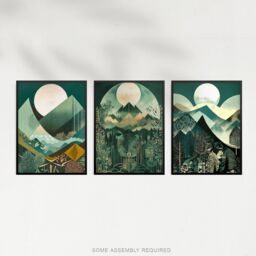 Artery8 A4 Wall Art & Frame Set of 3 Forest Mountain Full Moon Sunrises in Green - thumbnail 4
