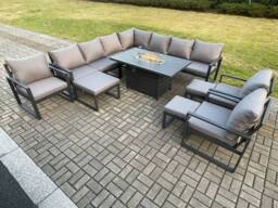 Fimous Aluminium Lounge Corner Sofa Outdoor Garden Furniture Sets Gas Fire Pit Dining Table Set with 3 Chairs 3 Footstools Dark Grey - thumbnail 2