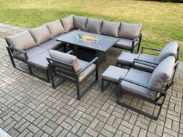 Fimous Aluminium Lounge Corner Sofa Outdoor Garden Furniture Sets Gas Fire Pit Dining Table Set with 3 Chairs 3 Footstools Dark Grey - thumbnail 1