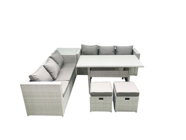 Fimous Rattan Garden Furniture Set 8 Seater Outdoor Sofa Set with Dining Table Side Table 2 Small Footstools Light Grey Mixed - image 1