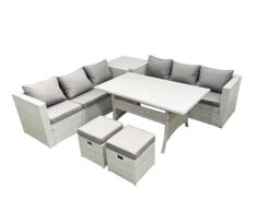Fimous Rattan Garden Furniture Set 8 Seater Outdoor Sofa Set with Dining Table Side Table 2 Small Footstools Light Grey Mixed - thumbnail 2