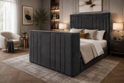 Stratus Interiors Modern Lined TV Lift Bed with Ottoman Storage System in Grey - Size: Super King - thumbnail 1