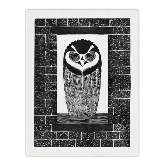 "Artery8 Ringuil Owl Bird on a Window De Mesquita Wall Art Poster Print in White - Size: W12"" x H16""" - image 1