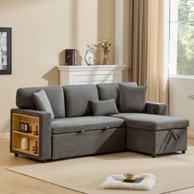BTM Dark Grey L-Shaped Corner Sofa Bed with Storage Shelf - Size: A - image 1