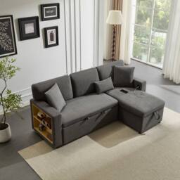 BTM Dark Grey L-Shaped Corner Sofa Bed with Storage Shelf - Size: A - thumbnail 3