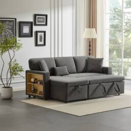 BTM Dark Grey L-Shaped Corner Sofa Bed with Storage Shelf - Size: A - thumbnail 6