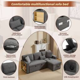 BTM Dark Grey L-Shaped Corner Sofa Bed with Storage Shelf - Size: A - thumbnail 8
