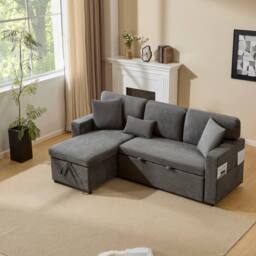 BTM Dark Grey L-Shaped Corner Sofa Bed with Storage Shelf - Size: A - thumbnail 5