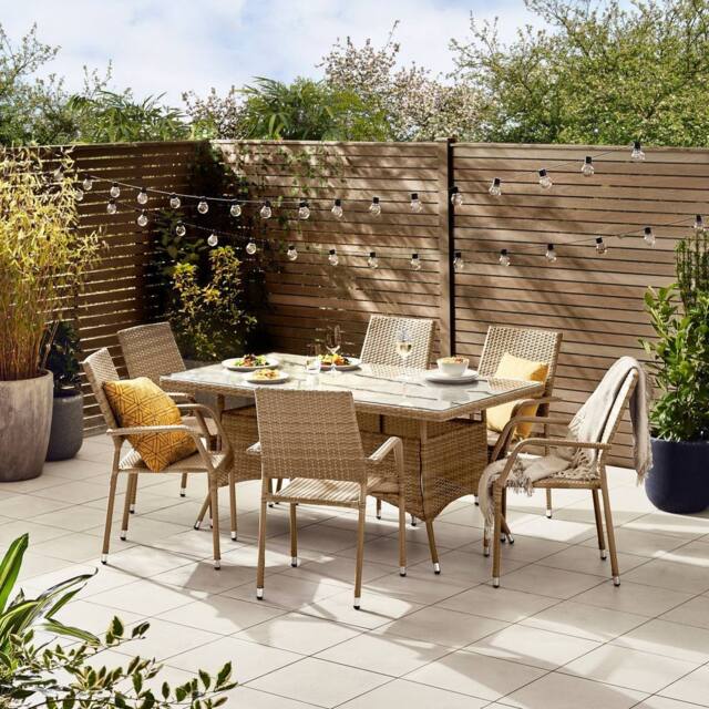 FurnitureboxUK Antigua 6 Seater Rattan Outdoor Garden Dining Set, PE Rattan, 6 Seat Garden Table & Chair Set, Weather Resistant in Beige