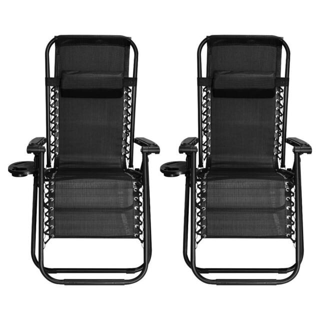 Alivio Set of 2 Heavy Duty Zero Gravity Chairs Sunloungers, Garden Outdoor Patio Sun Loungers Folding Reclining Chairs w/ Mobile Cup Holder &
