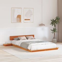 Berkfield Home Floor Bed Frame with Bedside Tables Wax Brown 140x190cm Solid Wood - Size: 140x190 cm - thumbnail 1