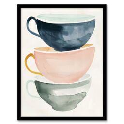 "Artery8 Three Stacked Tea Cups Bright Boho Watercolour Framed Wall Art - Size: W12"" x H16""" - thumbnail 1