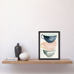 "Artery8 Three Stacked Tea Cups Bright Boho Watercolour Framed Wall Art - Size: W12"" x H16""" - thumbnail 4